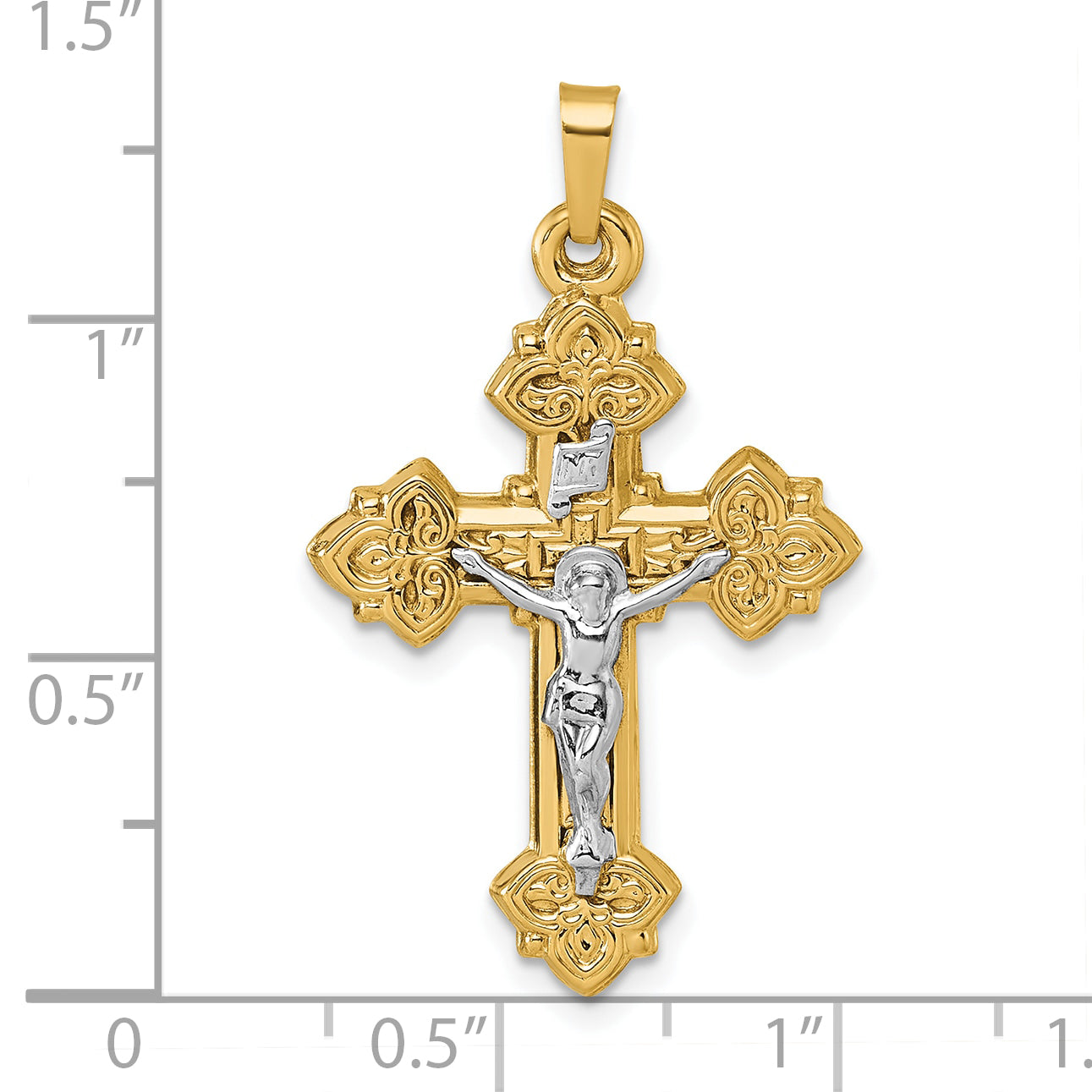 14k with White Rhodium Polished INRI Crucifix Cross Pendant