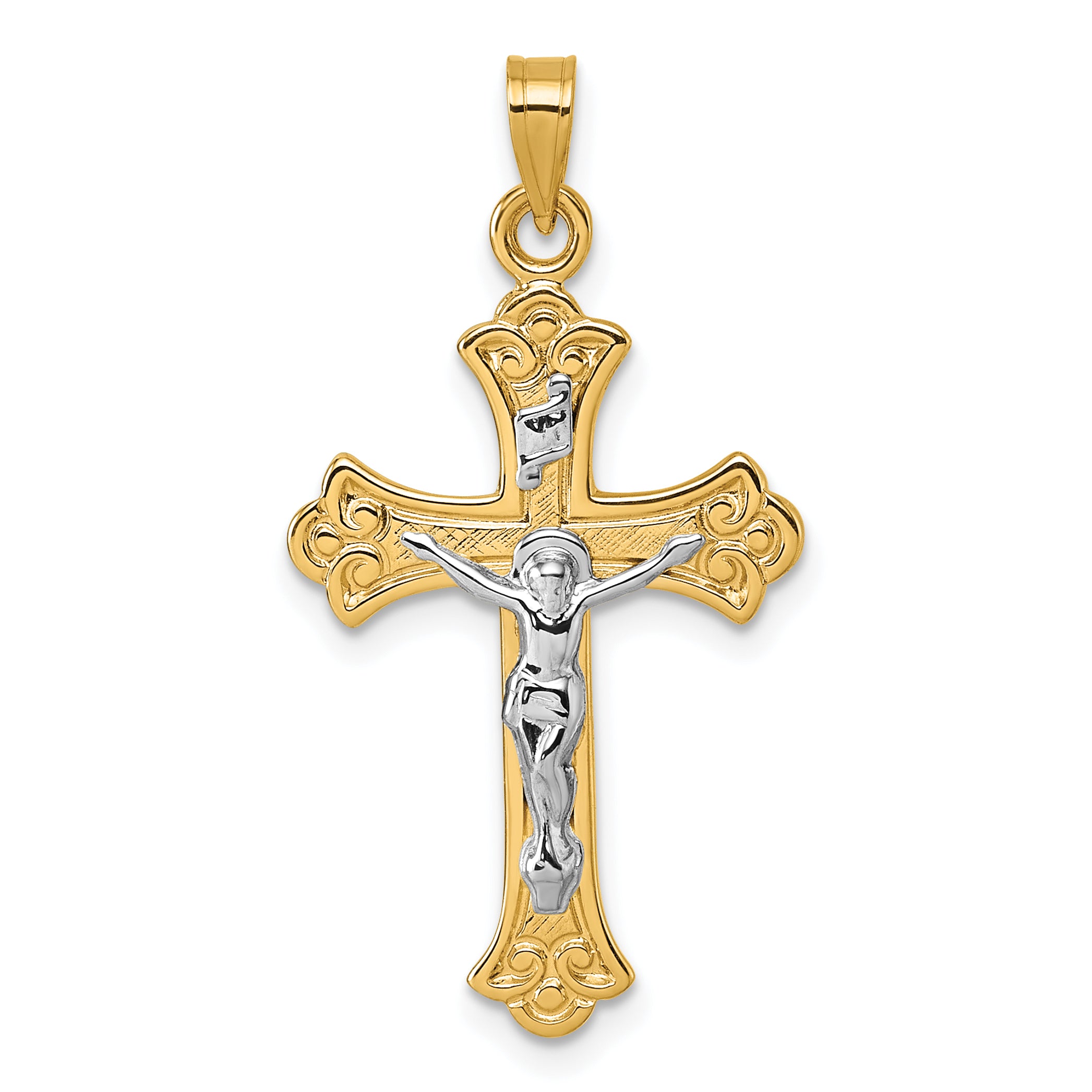 14k w/ White Rhodium Fleur de Lis INRI Crucifix Cross Pendant