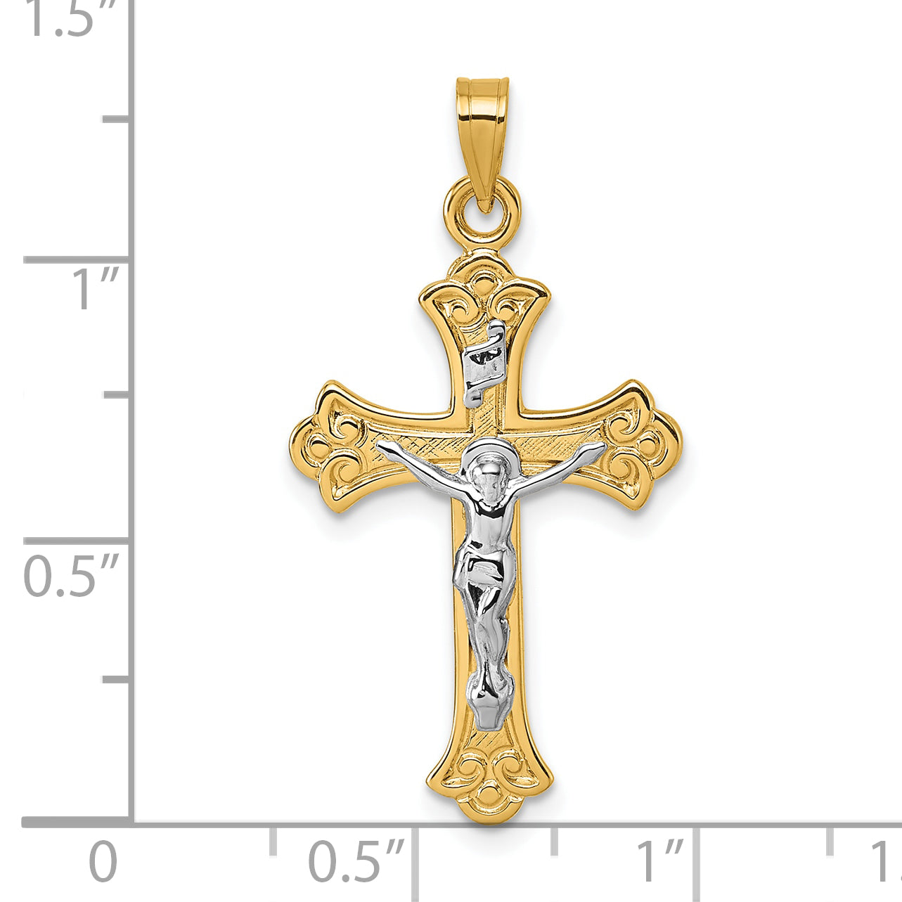 14k w/ White Rhodium Fleur de Lis INRI Crucifix Cross Pendant